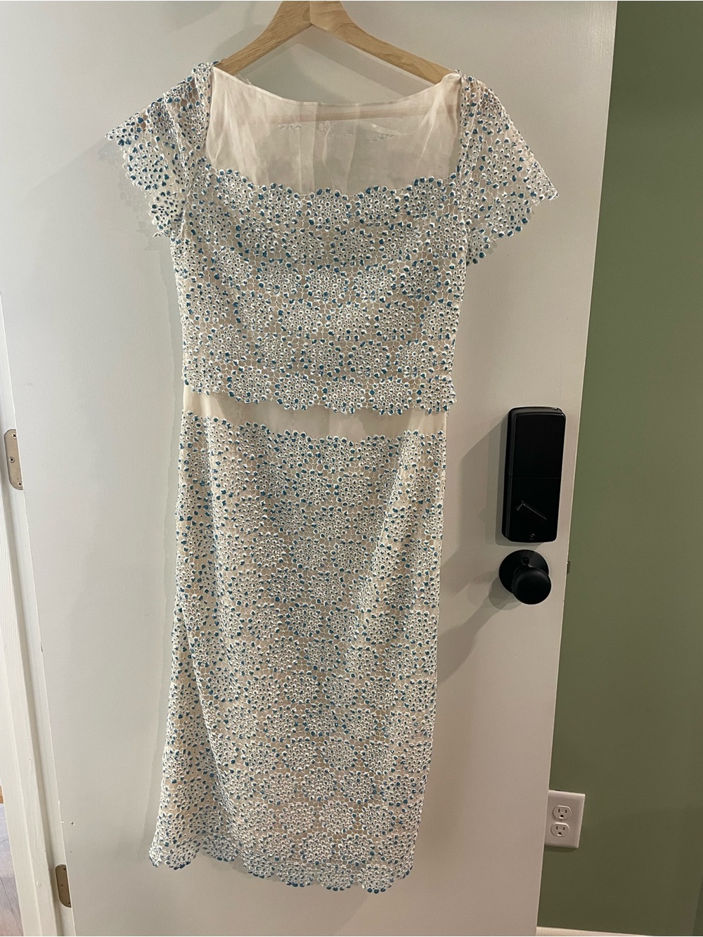 Tory Burch Elegant White Lace Midi Dress with Blue Accents